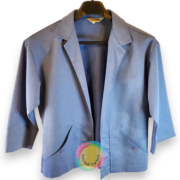 Vintage 80s Suntimer Mervyns Chambray Blazer Jacket Women's 14 Open Front Blue - Picture 1 of 12